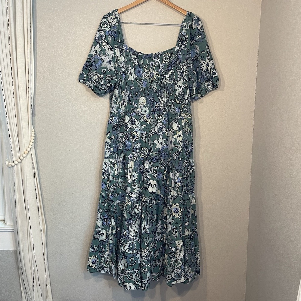 Sonoma Women's XL Green Floral Maxi Dress Short Sleeve Tiered Flowy Cotton Blend - Picture 2 of 8